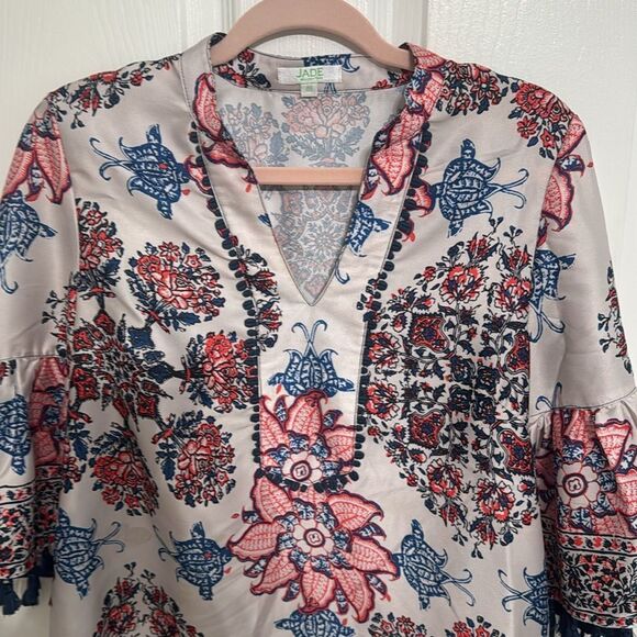 Anthropologie Jade multicolored floral Tunic w Mandarin Collar& tasseled sleeves - Picture 2 of 7